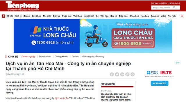 báo tiên phong nói về dịch vụ in ấn chuyên nghiệp tân hoa mai