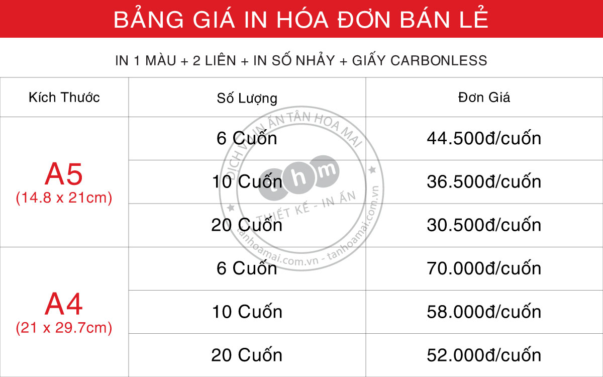 bảng báo giá in hoá đơn bán lẻ số lượng ít - giá rẻ - theo yêu cầu HCM Tân Hoa Mai