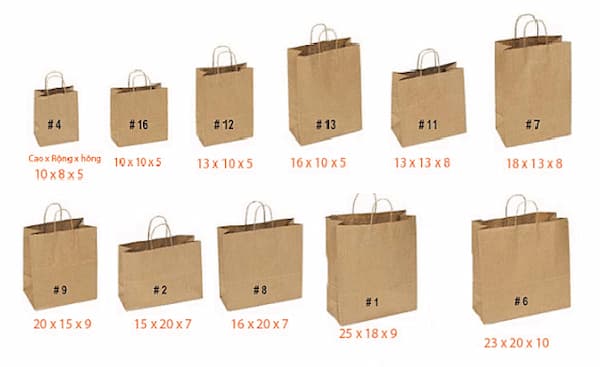 Kích thước của túi làm từ giấy tùy vào sản phẩm cần đựng