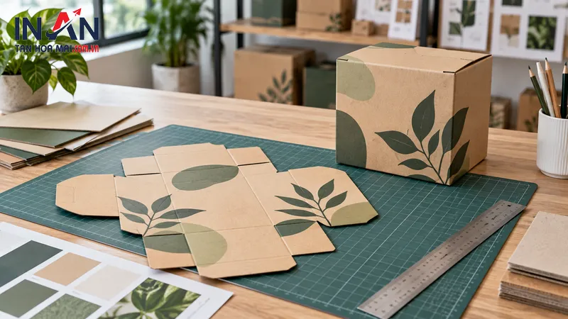 Bản trải hộp carton đặt trên bàn thiết kế trước khi gấp thành hộp