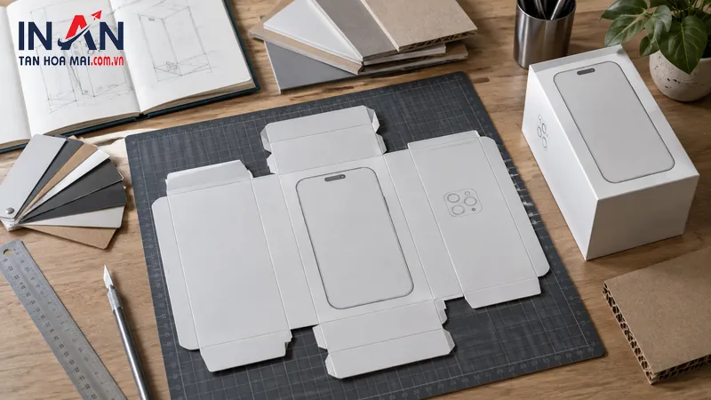 Bản trải hộp giấy đựng điện thoại với đường cắt đường gấp và các mặt hộp