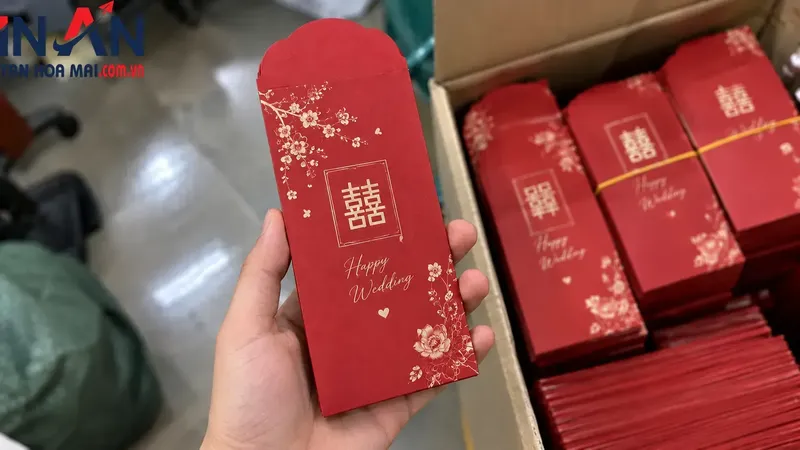 Bao lì xì cưới màu đỏ chữ Song Hỷ và Happy Wedding