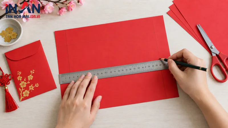 Đo và kẻ khung giấy trước khi gấp bao lì xì