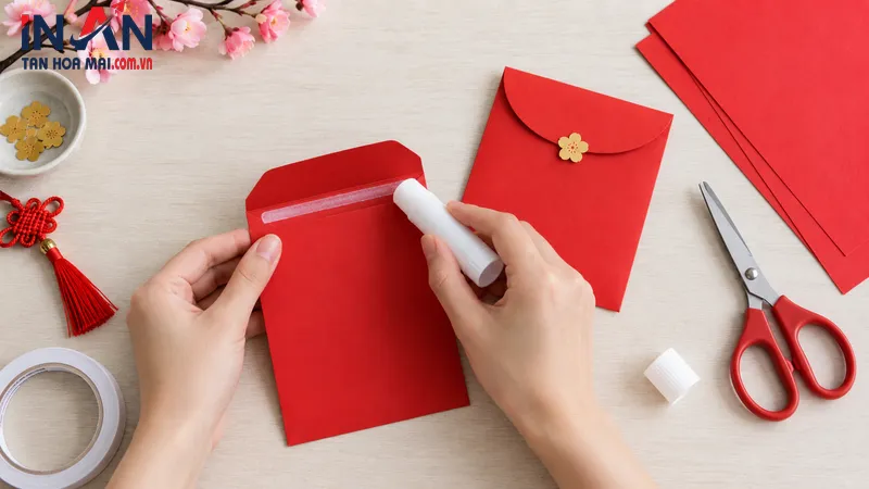 Dán keo để hoàn thiện bao lì xì thủ công