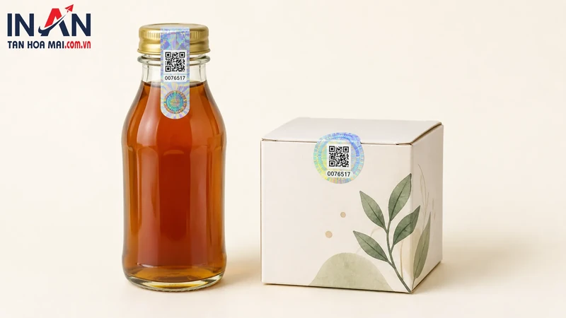 Chai sản phẩm và hộp giấy cùng có tem QR ở vị trí niêm phong
