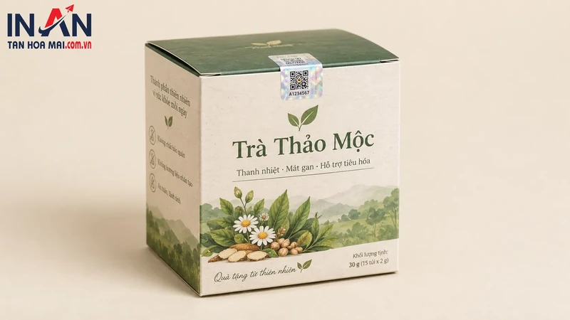 Hộp trà thảo mộc màu xanh trắng có tem QR ở mép nắp