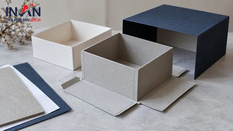 Minh họa cấu tạo hộp cứng gồm cốt carton lạnh và lớp giấy bề mặt