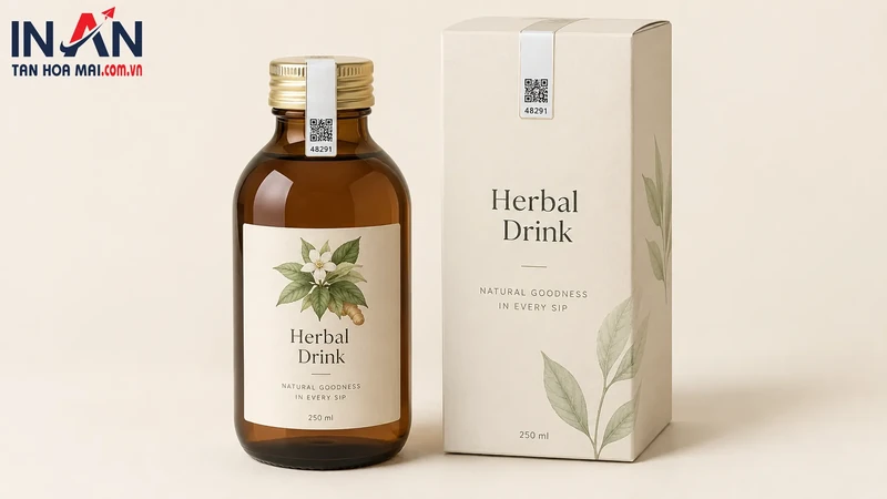 Chai đồ uống thảo mộc và hộp giấy tem niêm phong nắp