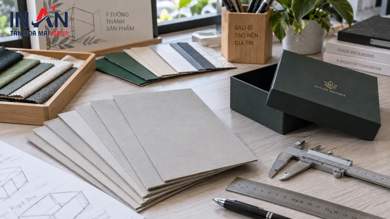 Các tấm carton lạnh và mẫu hộp cứng đặt cạnh nhau để chọn cấu trúc