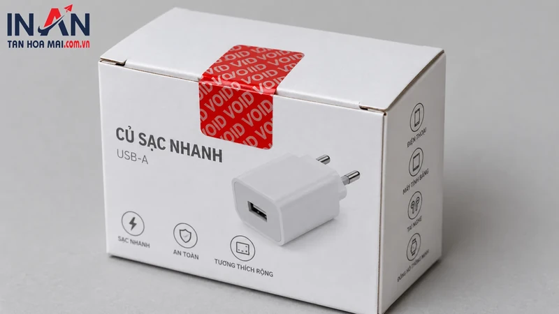 Tem VOID chống bóc trên hộp phụ kiện sạc