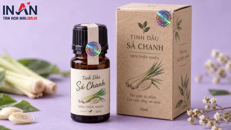 Chai tinh dầu sả chanh dùng minh họa tem chống giả