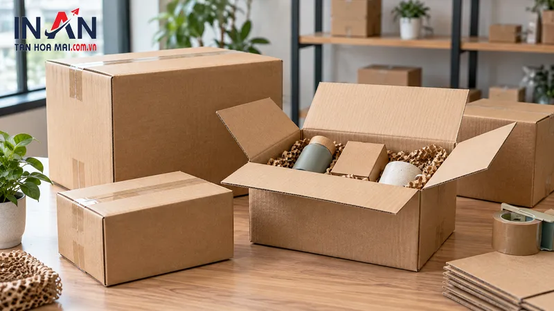 Hộp carton đóng gói nhiều loại sản phẩm có vật liệu chèn bên trong