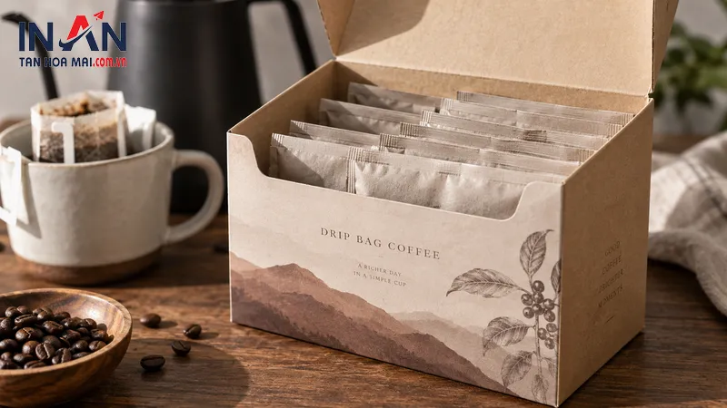 Hộp giấy đựng nhiều gói drip bag cà phê được sắp xếp theo hàng