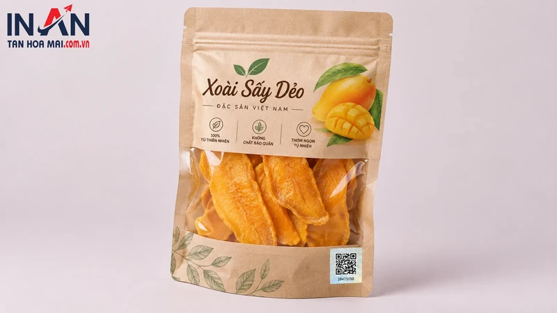 Túi xoài sấy dẻo có mã QR ở góc dưới bao bì