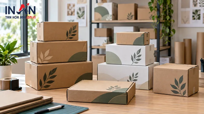Bộ mẫu hộp carton in họa tiết thương hiệu với nhiều kích thước