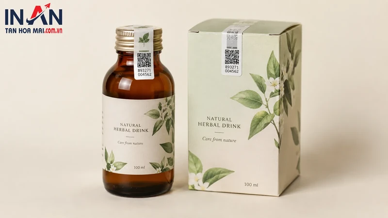 Chai đồ uống thảo mộc và hộp tem QR niêm phong nắp