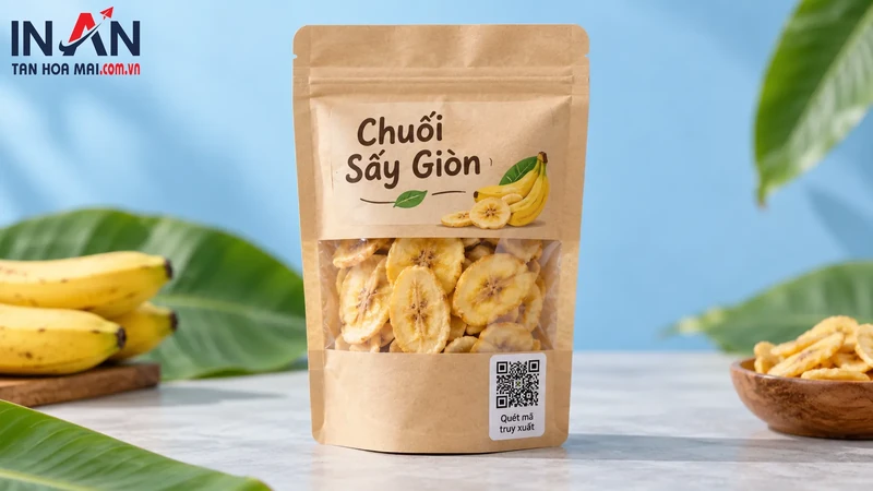 Túi chuối sấy có mã QR in ở góc dưới bao bì