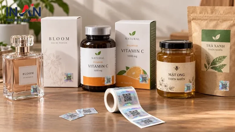 Nhóm mỹ phẩm thực phẩm bổ sung và hộp sản phẩm có tem QR