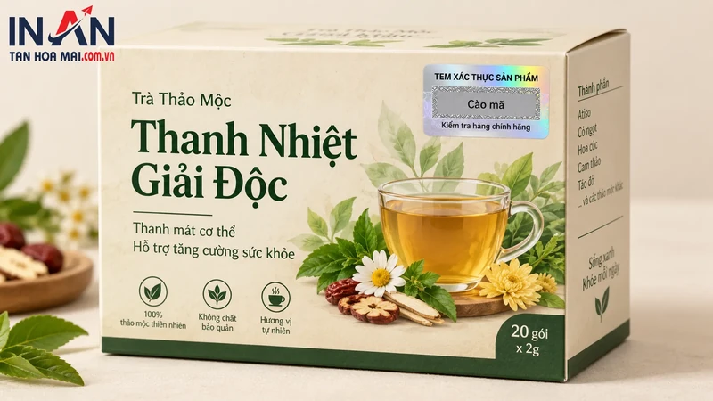 Hộp trà thảo mộc đặt cạnh ly trà trên nền sáng