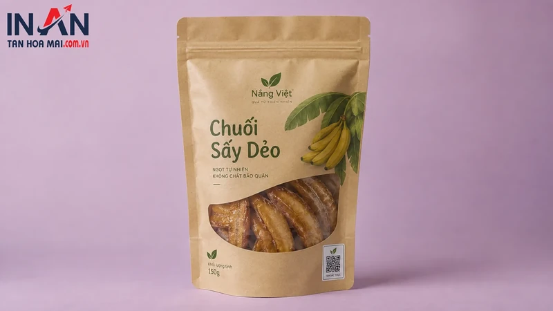 Túi chuối sấy dẻo có mã QR ở góc dưới bao bì