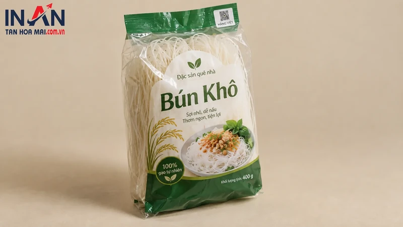 Túi bún khô có mã QR ở góc trên bao bì