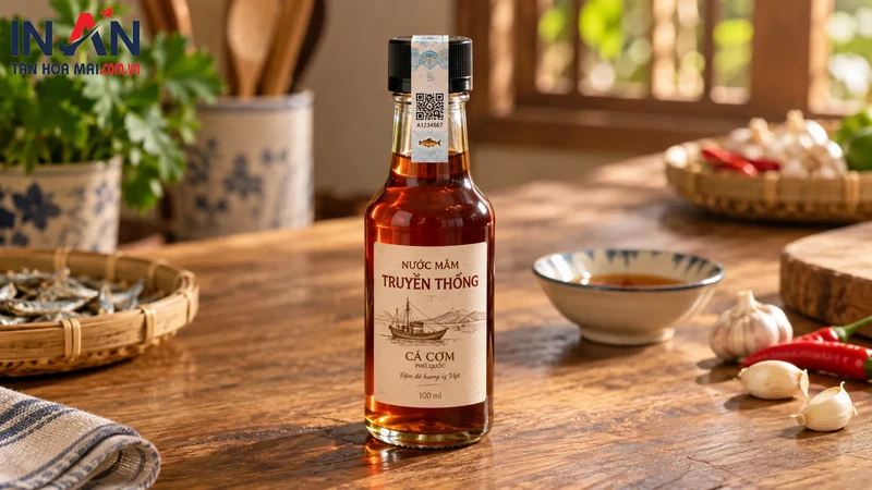 Chai nước mắm có tem QR ở cổ chai trên bàn gỗ