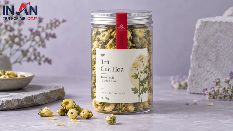 Hũ trà cúc hoa có nhãn sản phẩm trên nền xám nhạt