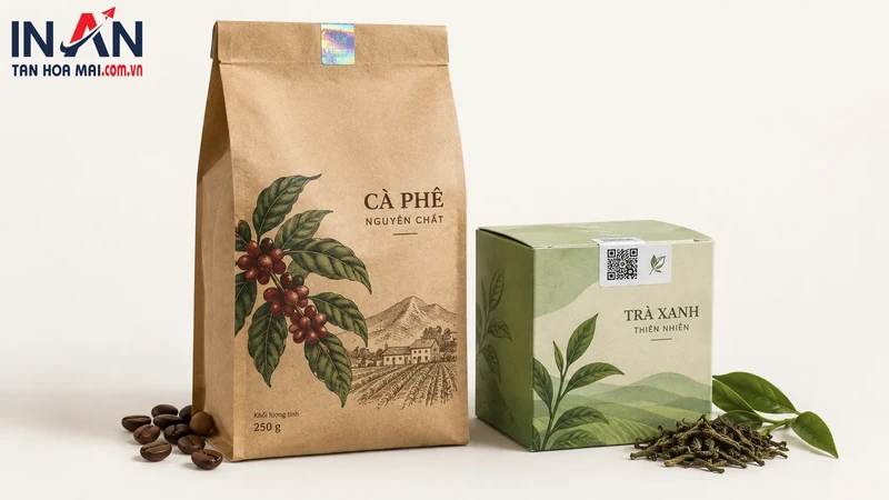 Bộ bao bì cà phê và trà dùng minh họa xác thực QR