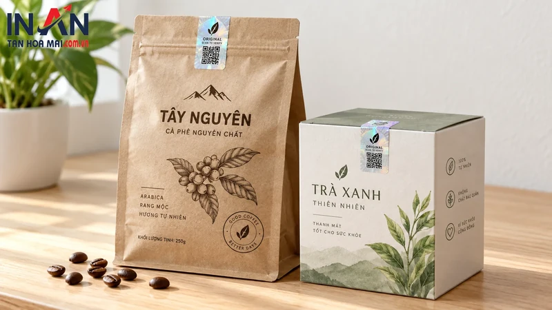 Bao bì cà phê và trà dạng túi dùng minh họa xác thực QR
