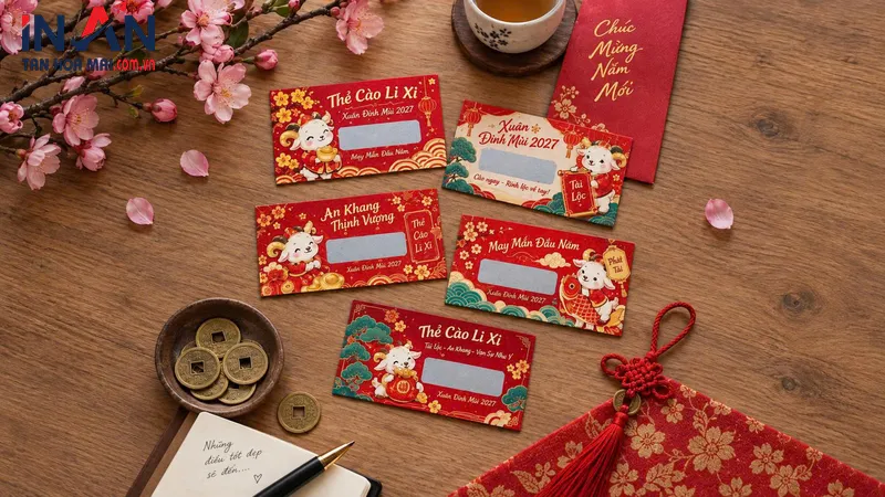 Thẻ cào lì xì may mắn dùng để giấu phần thưởng hoặc lời chúc đầu năm