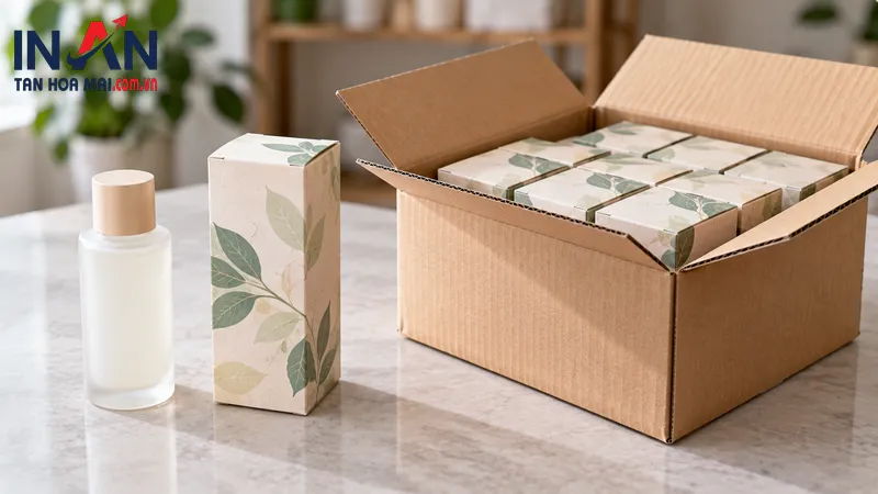 Sản phẩm chai hộp và thùng ngoài minh họa các cấp bao bì