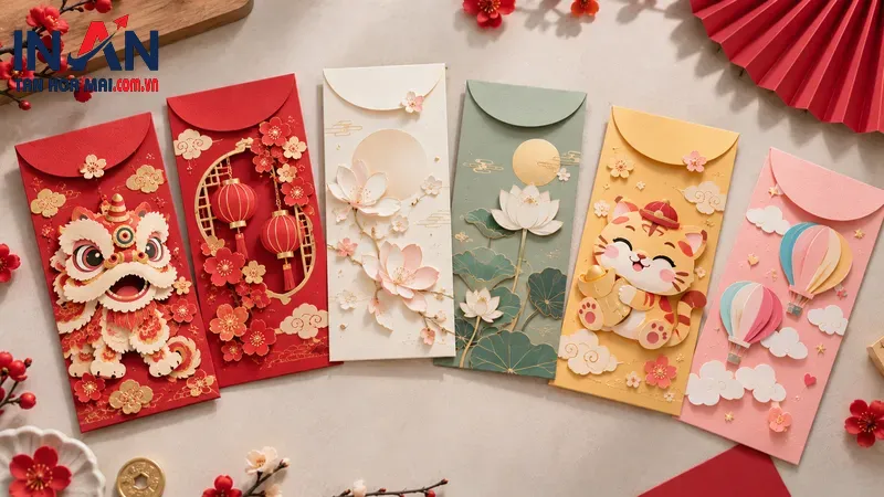 Các bao lì xì nổi với màu sắc và hình cắt khác nhau