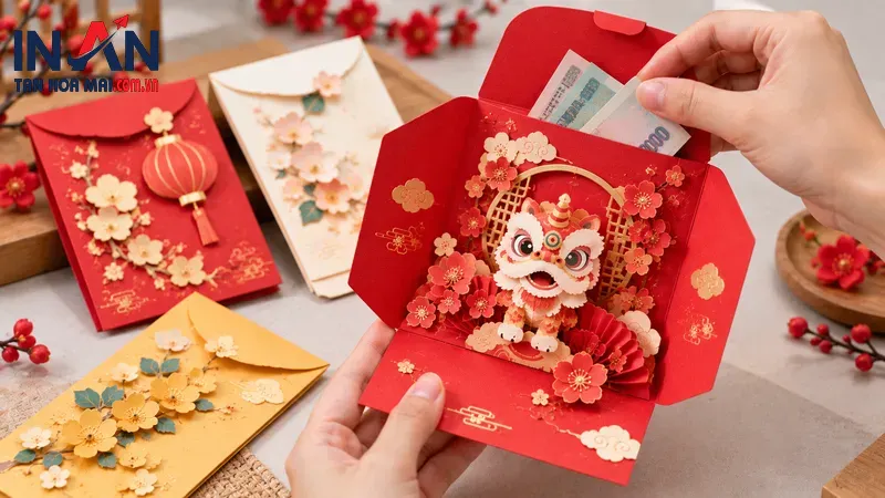 Tay cầm mẫu bao lì xì 3D và chi tiết trang trí
