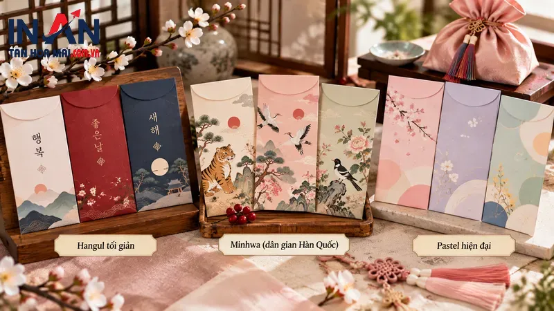 Bao lì xì Hàn Quốc với mẫu hoa và đường gấp trang trí Bao lì xì Hàn Quốc với mẫu hoa và đường gấp trang trí