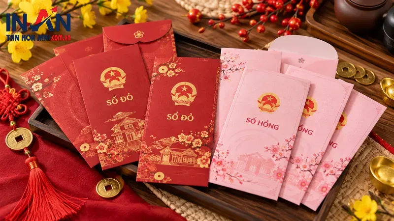 Bộ bao lì xì đỏ và hồng lấy cảm hứng từ sổ đất Bộ bao lì xì đỏ và hồng lấy cảm hứng từ sổ đất