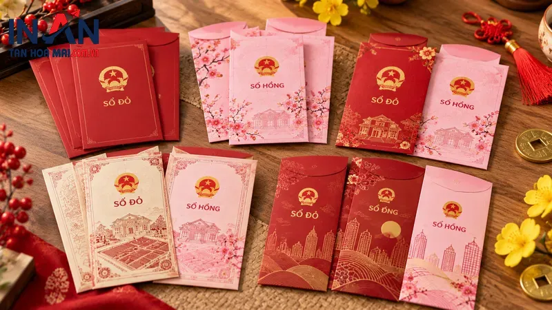 Các phong bao họa tiết sổ đỏ cho dịp Tết Các phong bao họa tiết sổ đỏ cho dịp Tết