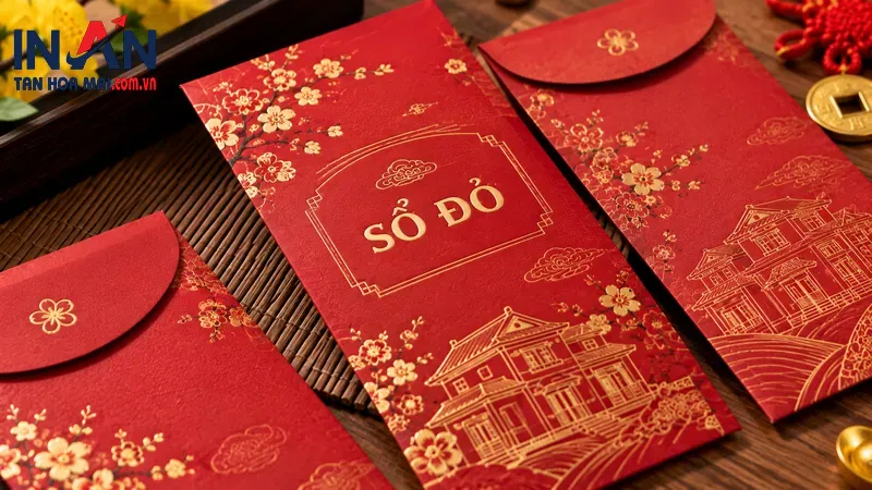 Phong bao đỏ và hồng đặt cạnh họa tiết trang trí Tết Phong bao đỏ và hồng đặt cạnh họa tiết trang trí Tết