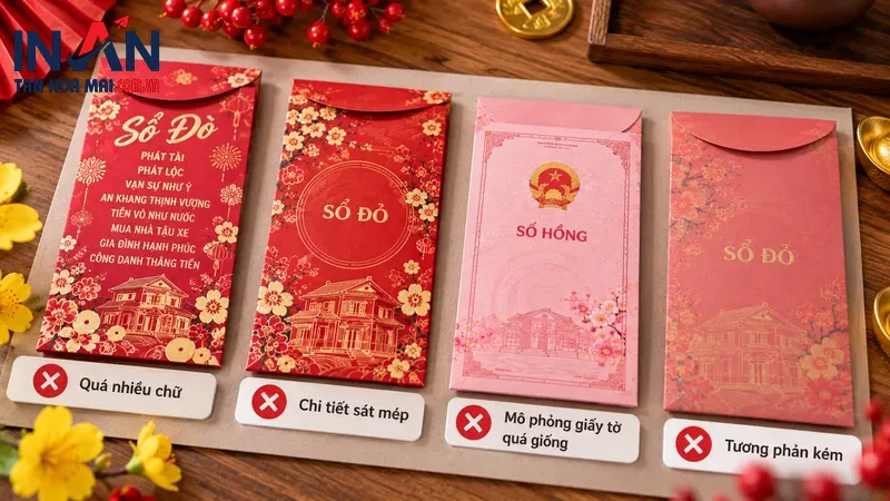 Các mẫu bao lì xì chủ đề sổ đỏ được so sánh trên bàn Các mẫu bao lì xì chủ đề sổ đỏ được so sánh trên bàn