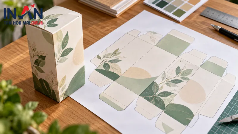 Hộp giấy thành phẩm đặt cạnh bản trải thiết kế bao bì