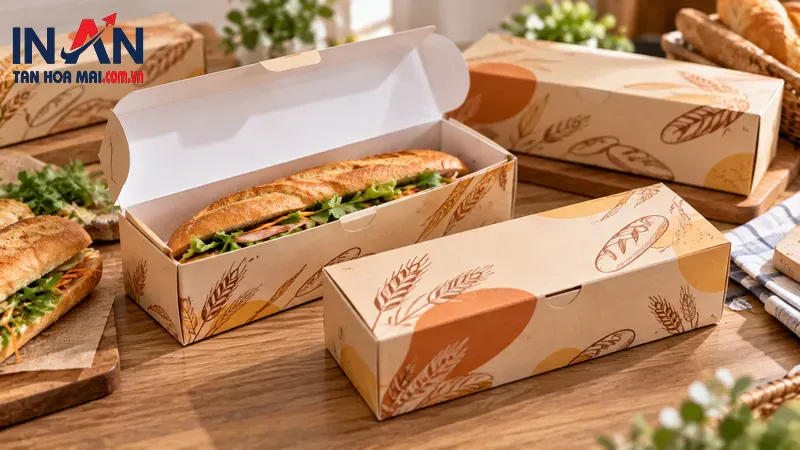 Hộp giấy đựng bánh mì dài với hình in thực phẩm