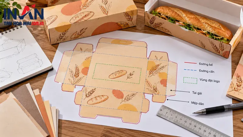 Bản trải khuôn in hộp bánh mì và mẫu hộp