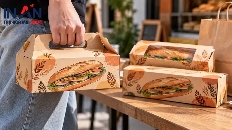 Nhân viên cầm hộp bánh mì bằng giấy trên bàn