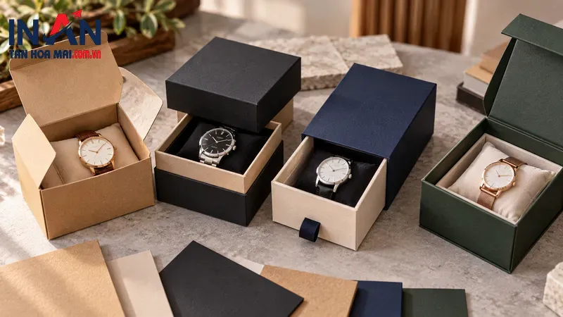 Hộp đồng hồ bằng giấy mở nắp có đệm giữ sản phẩm Hộp đồng hồ bằng giấy mở nắp có đệm giữ sản phẩm
