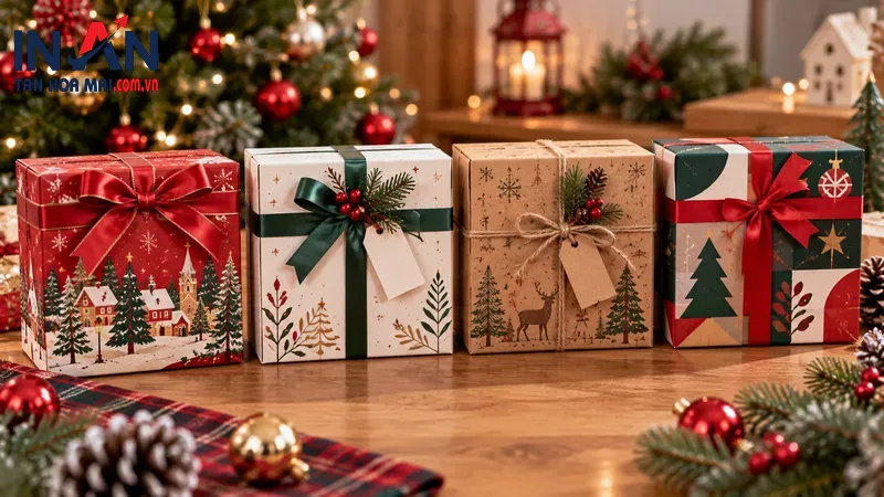 Bản thiết kế hộp quà Noel trên bàn làm việc Bản thiết kế hộp quà Noel trên bàn làm việc