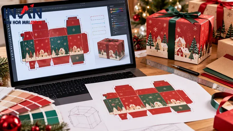 Mẫu hộp quà Noel kèm dây quai và nắp gấp Mẫu hộp quà Noel kèm dây quai và nắp gấp