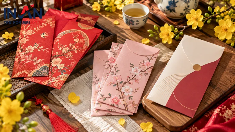 Bộ phong bao lì xì đỏ hồng với phong cách truyền thống và hiện đại