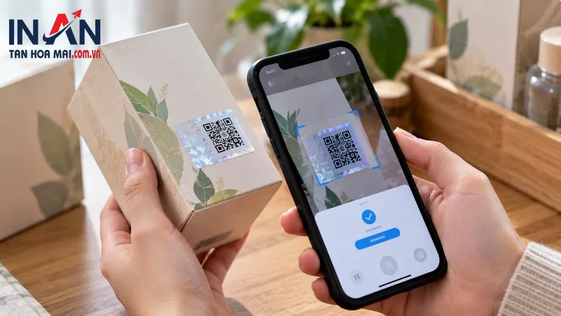 Quét QR và tem chống giả Dùng điện thoại quét QR trên tem để kiểm tra thông tin sản phẩm