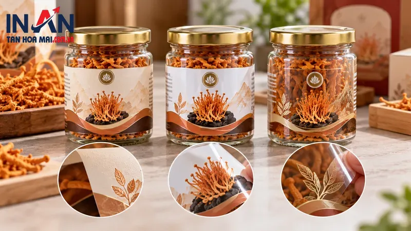 Cặp lọ đông trùng hạ thảo với tem thân và tem nắp Cặp lọ đông trùng hạ thảo với tem thân và tem nắp