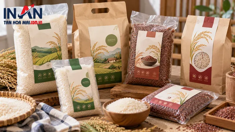 Bao gạo và nhãn dán giấy với tông màu xanh