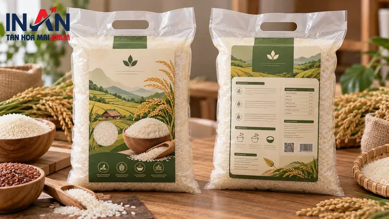 Bộ tem cho bao bì gạo với bảng thông tin